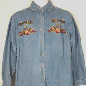 Bobbie Brooks Shirt Womens L Denim Long Sleeve Embroidered Fall Leaves Pumpkins